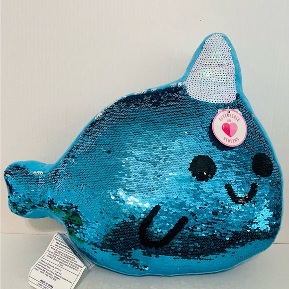 NWT JUSTICE Girl Narwhal Unicorn of Sea Flip Sequin Throw Pillow Bed Decor Blue - Picture 1 of 5